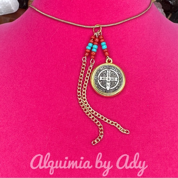 Alquimia Jewelry - Saint Benedict medal ethnic gemstone necklace